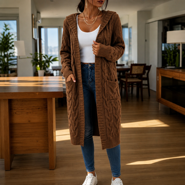 Hooded Longline Cable Knit Cardigan