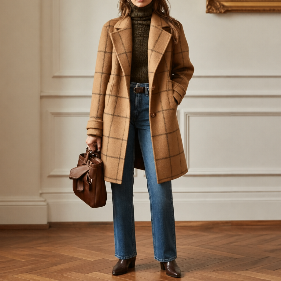 Windowpane Check Two Button Longline Coat