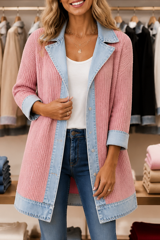 Pink ribbed knit coat with denim lapels and hem trim