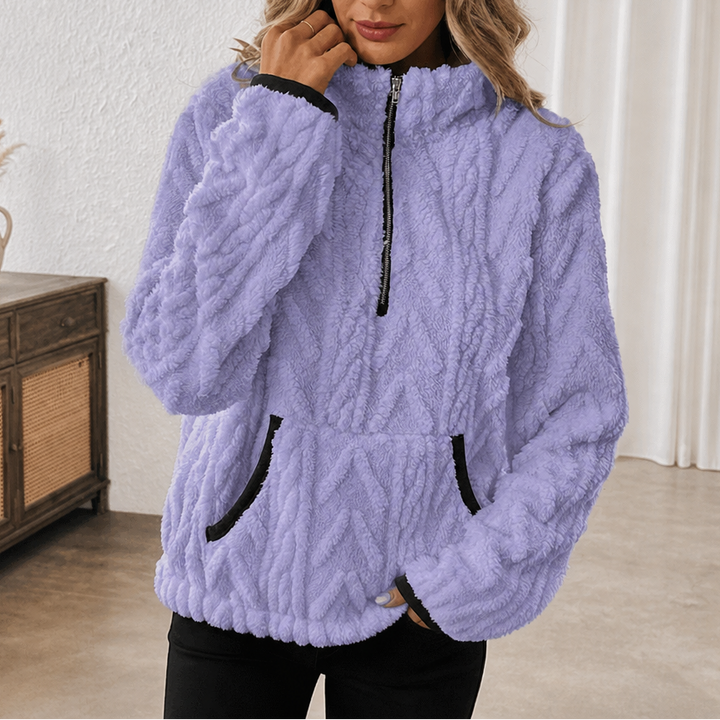 Lilac plush textured half zip fleece pullover with black trim