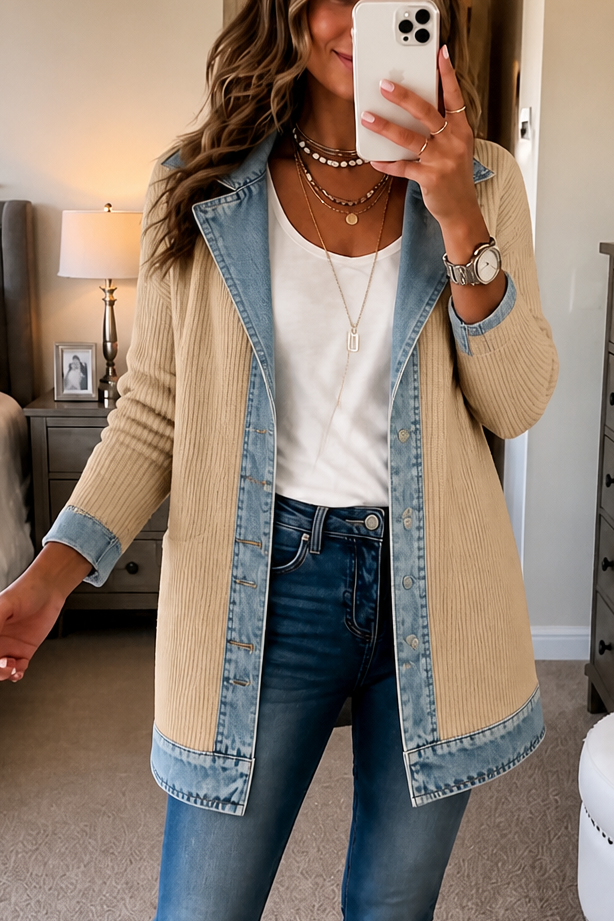Beige ribbed knit coat with denim collar and cuffs