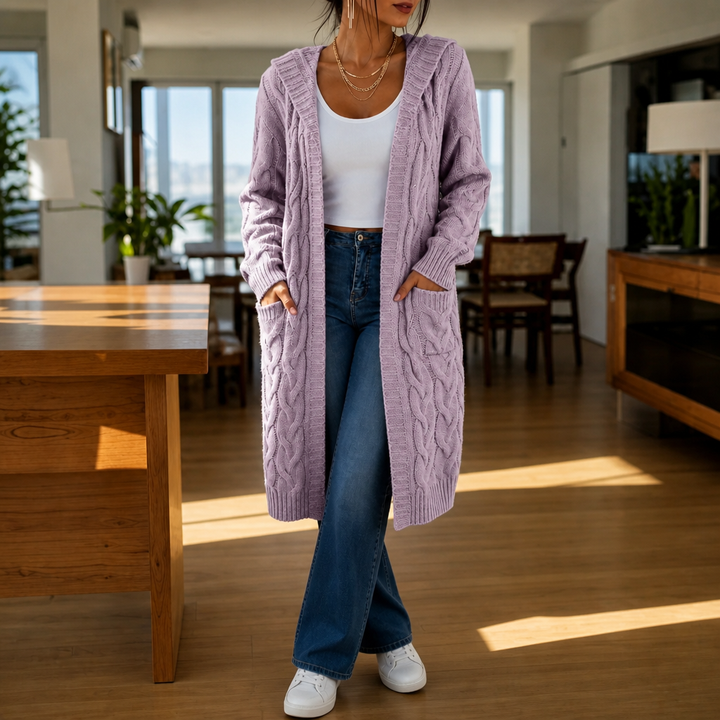 Hooded Longline Cable Knit Cardigan