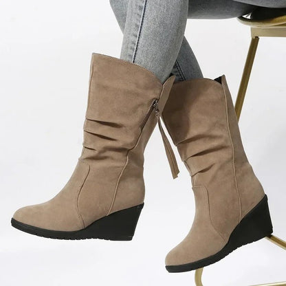 Wedge Heel Slouch Boots in Beige | Valenira