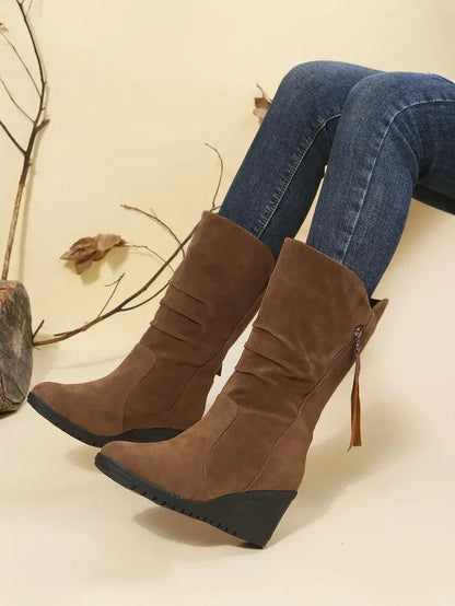 Wedge Heel Slouch Boots in Brown | Valenira
