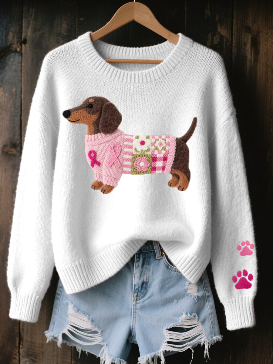 White knit sweater with a felt dachshund motif and pink paw prints on the sleeve