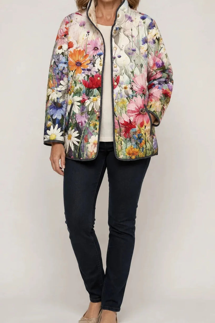 Cream quilted jacket with a watercolour wildflower print
