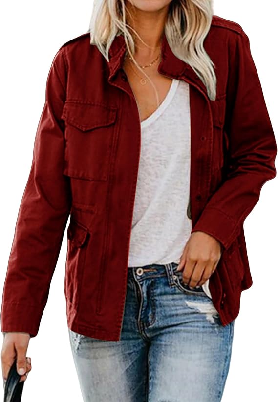 Wine red zip front tailored jacket worn open over a white tee