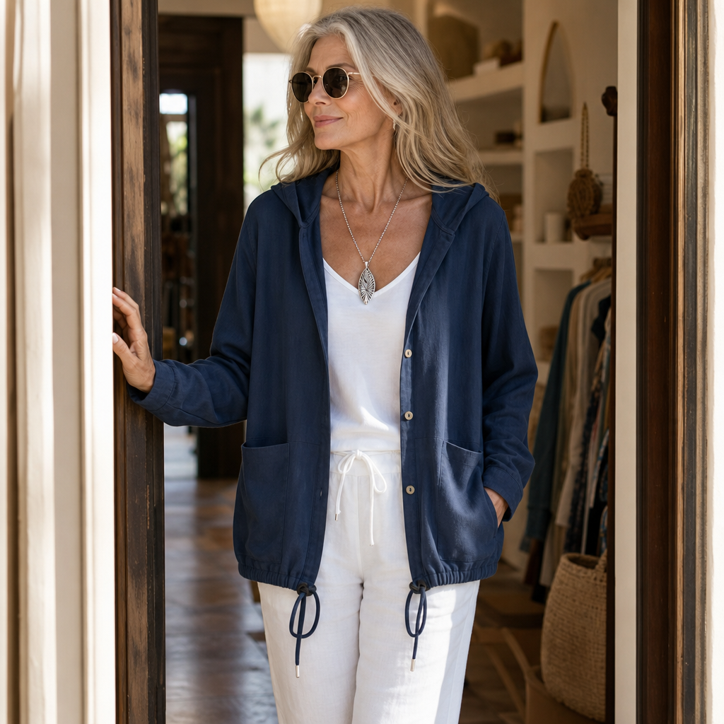 Woman in a doorway in a navy drawstring hooded jacket