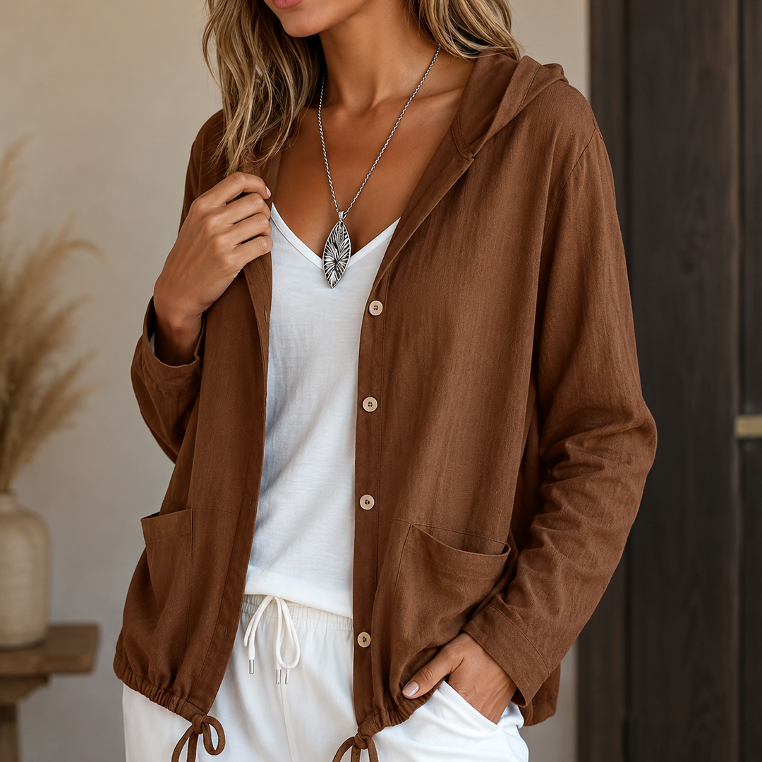 Brown hooded jacket with an adjustable drawstring hem