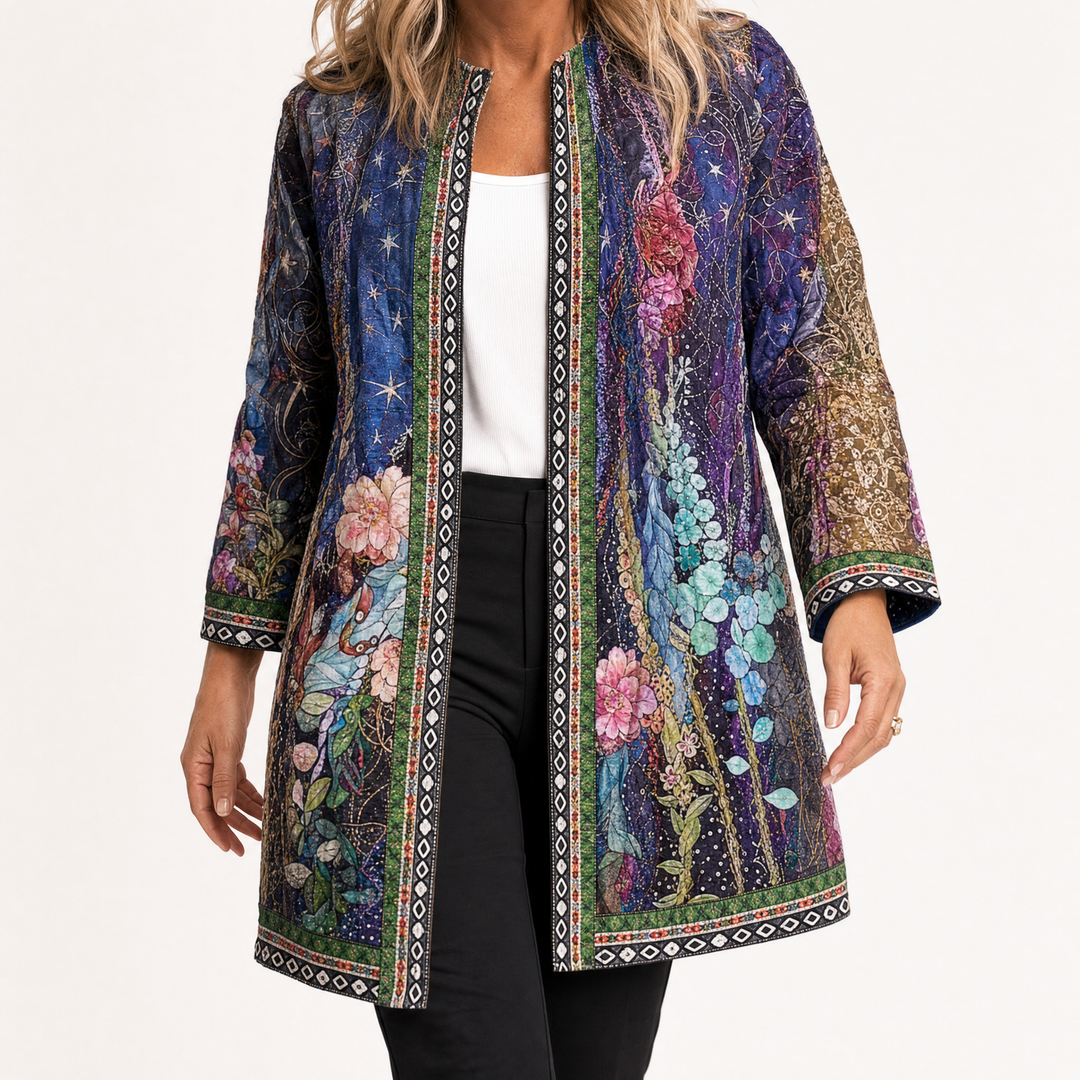 Purple floral print open jacket with embroidered braid trim