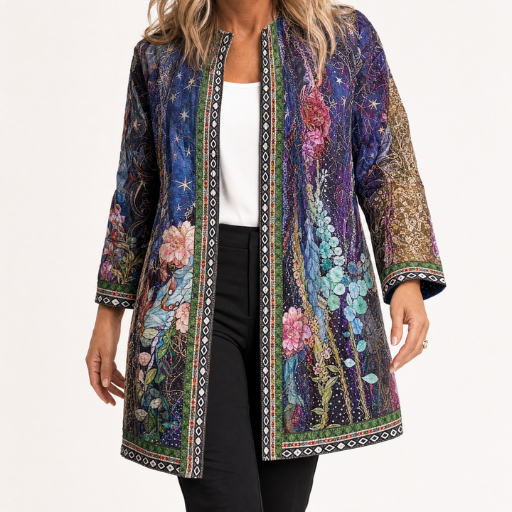 Purple floral print open jacket with embroidered braid trim