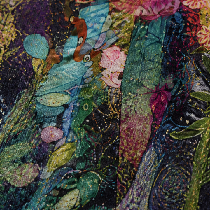Close-up of the multicolour floral art print fabric