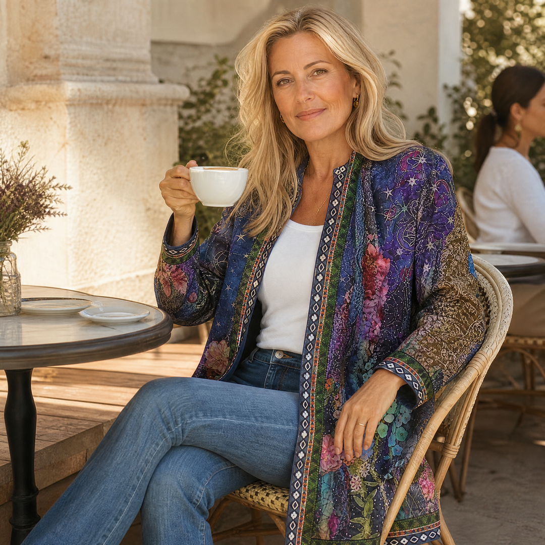 Woman with a coffee cup in a purple floral print open jacket