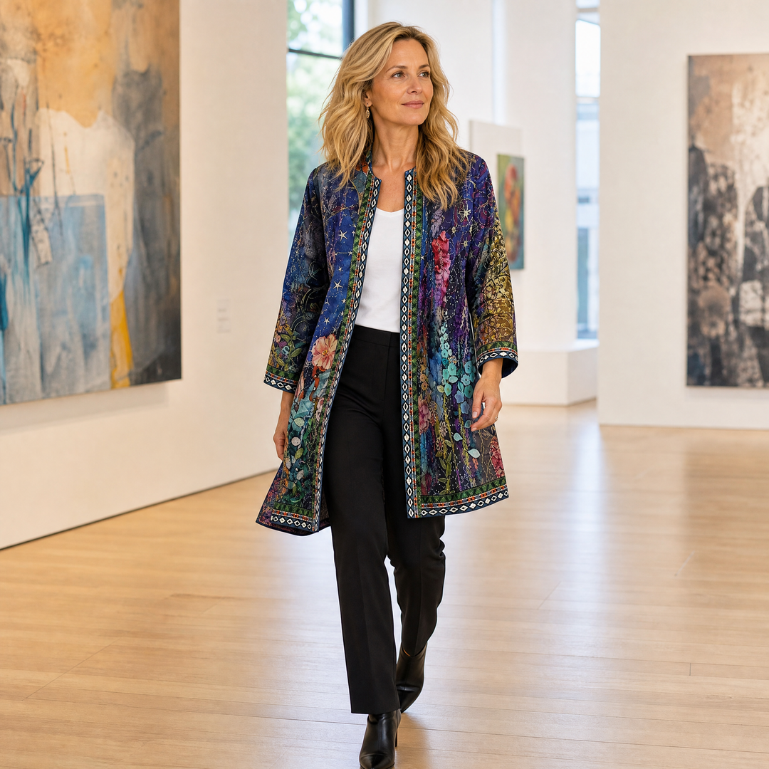 Woman in a gallery wearing a purple floral print open jacket