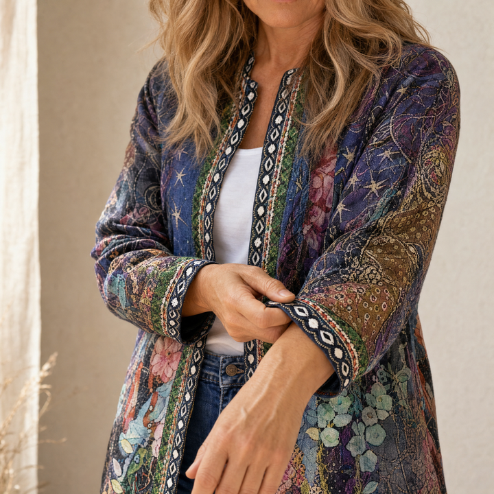 Close up of the embroidered braid trim on a printed jacket cuff