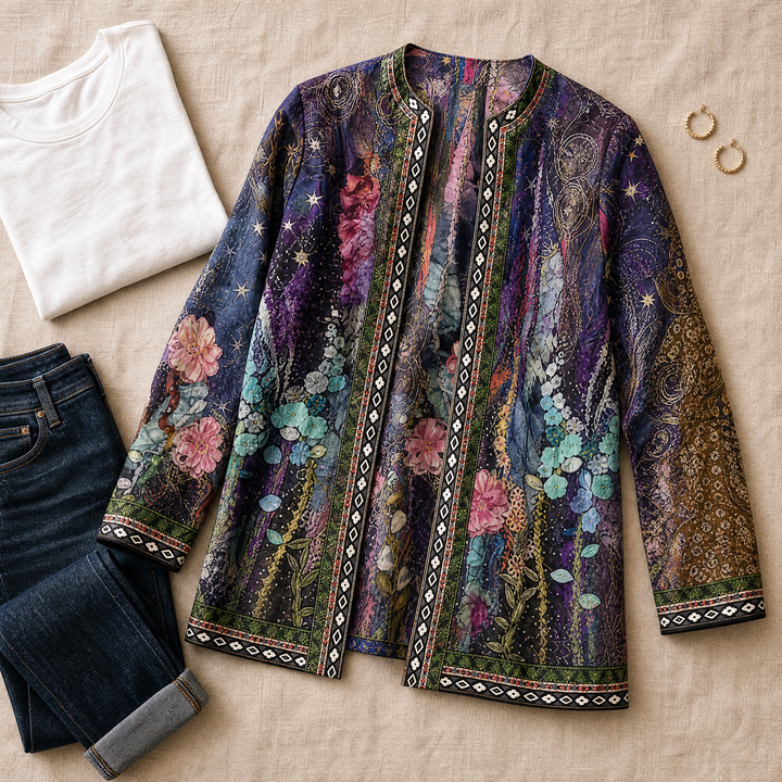 Flat lay of a purple floral print jacket with jeans and a white tee