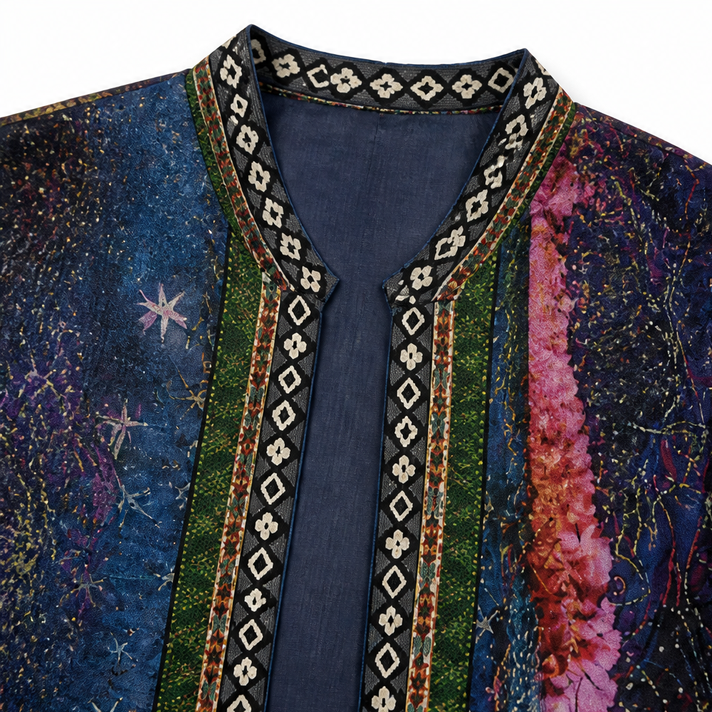 Embroidered braid trim at the neckline of an art print open jacket