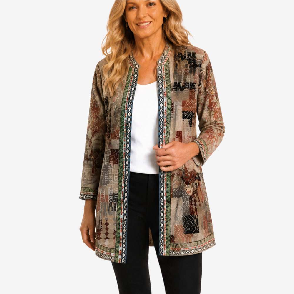Taupe patchwork print open jacket with embroidered braid trim
