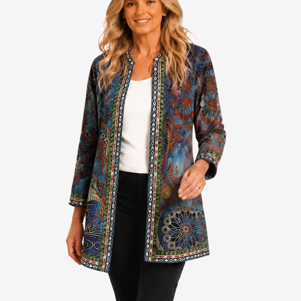 Teal and blue swirl print open jacket with embroidered trim
