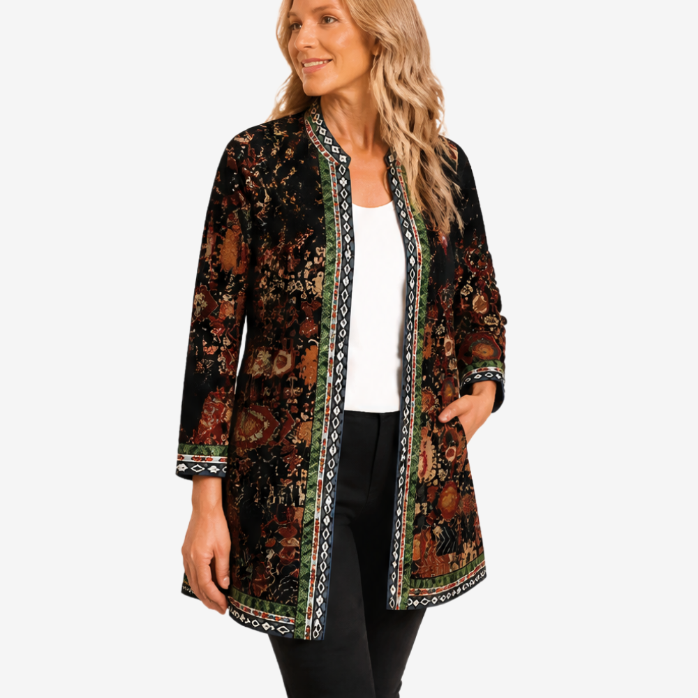 Black and rust floral print open jacket with embroidered trim
