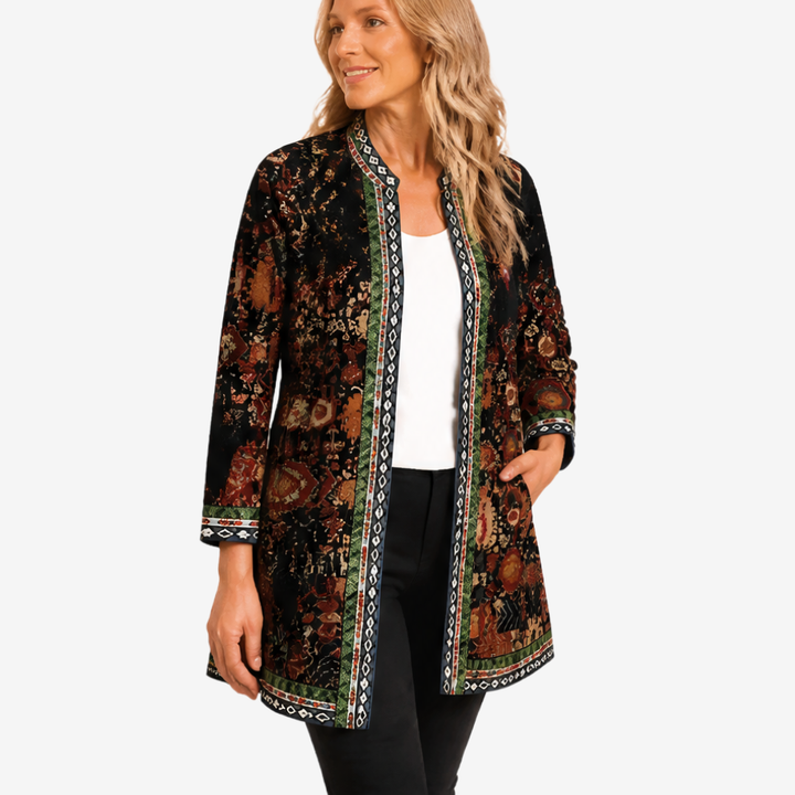 Black and rust floral print open jacket with embroidered trim