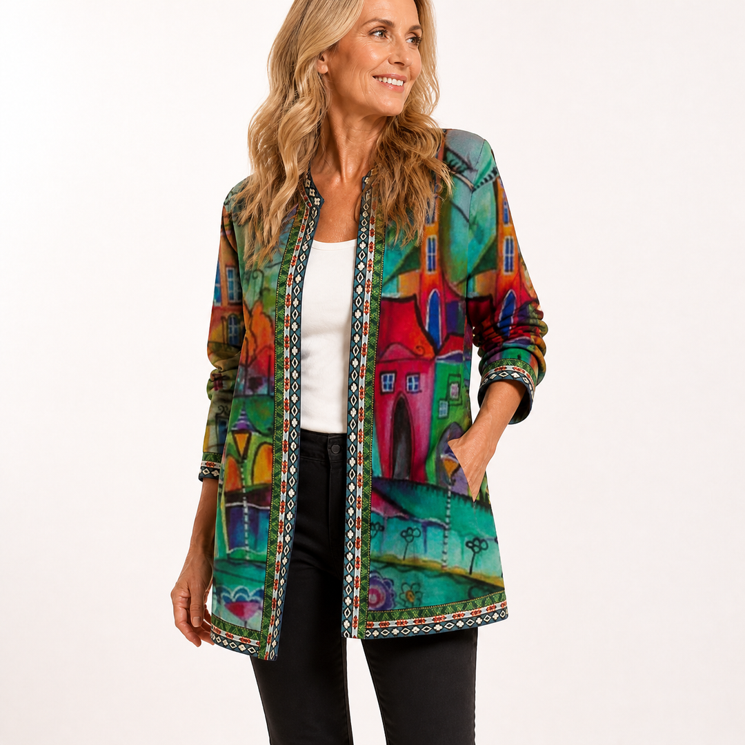 Green and red painted scene print open jacket with braid trim
