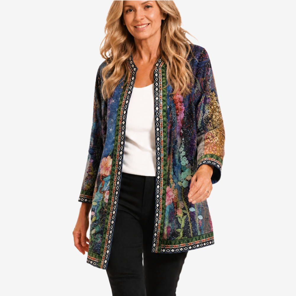 Blue art print open jacket with embroidered braid trim