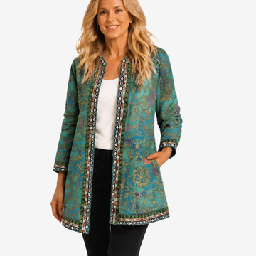 Art Print Embroidered Trim Open Jacket