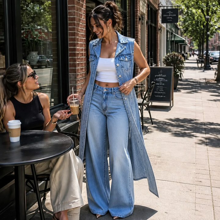 Woman outside a cafe in a longline denim vest and wide leg jeans