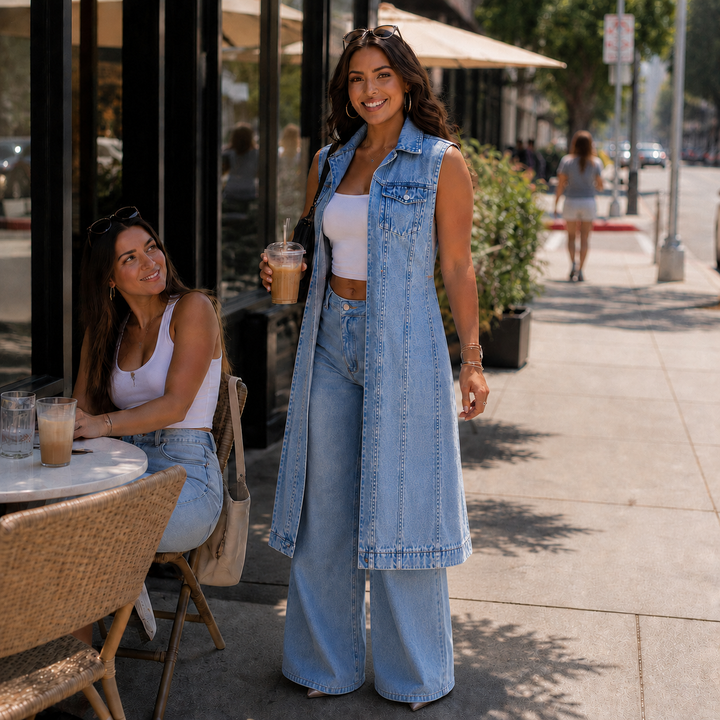 Longline denim vest worn with an iced coffee on a pavement
