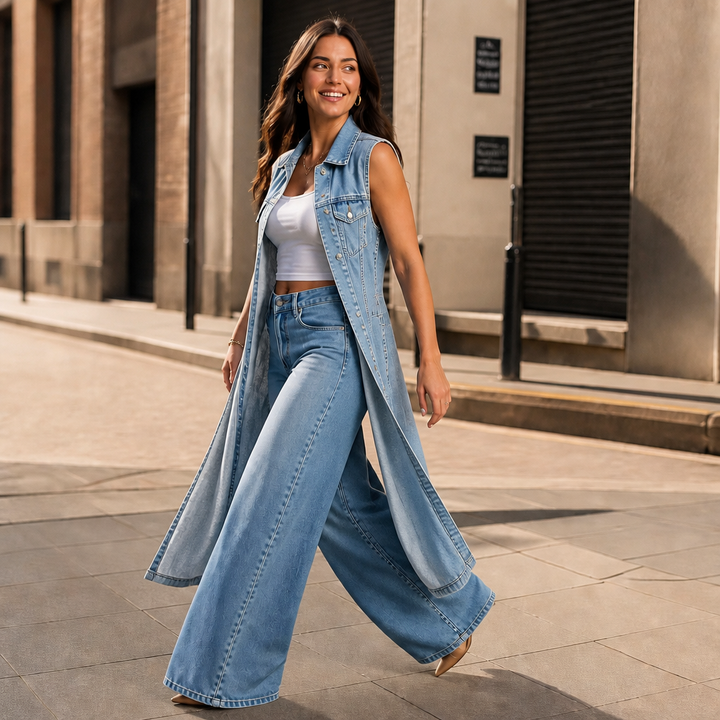Woman walking a street in a longline denim vest and wide jeans
