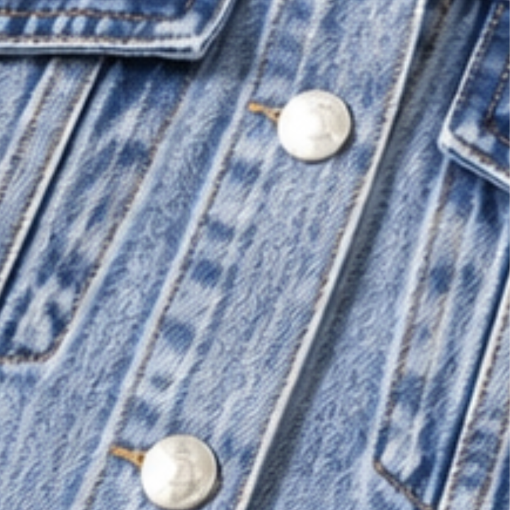 Silver buttons and chest pocket on a light wash denim vest