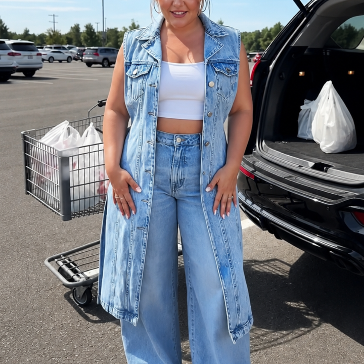 Longline denim vest worn open with a white crop top and wide jeans