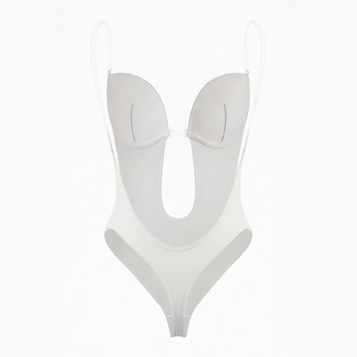 White plunge backless bodysuit shown flat with clear straps