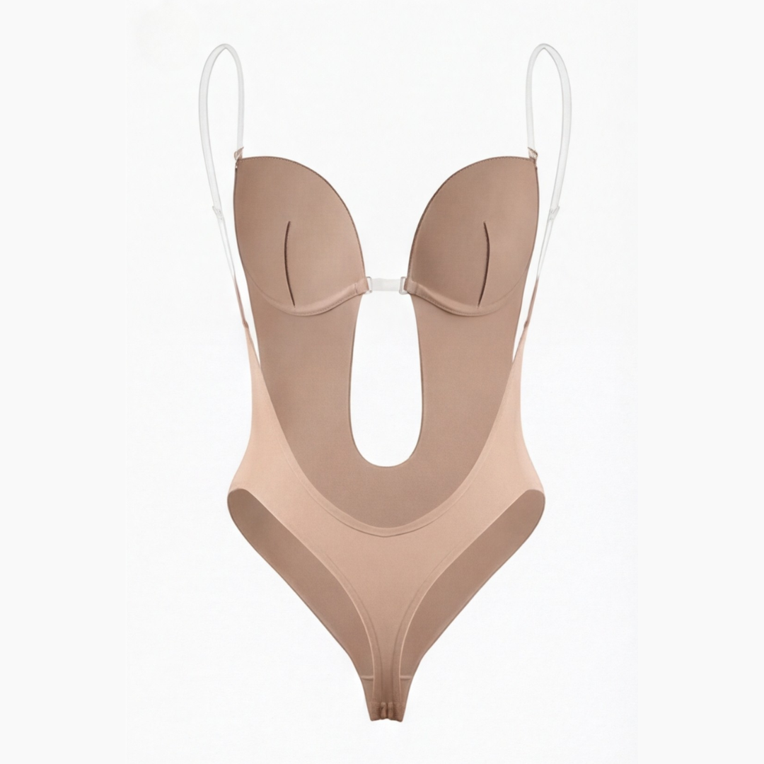 Nude plunge backless bodysuit shown flat with clear straps