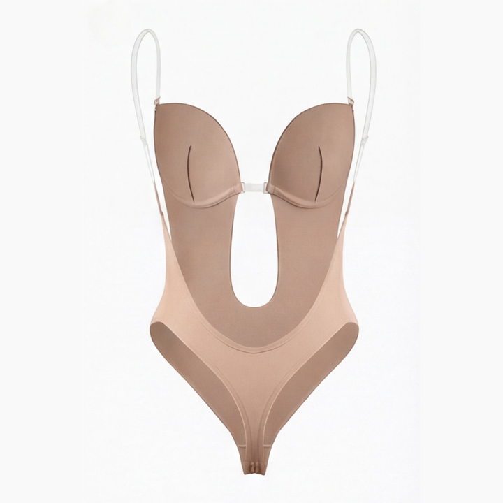 Nude plunge backless bodysuit shown flat with clear straps