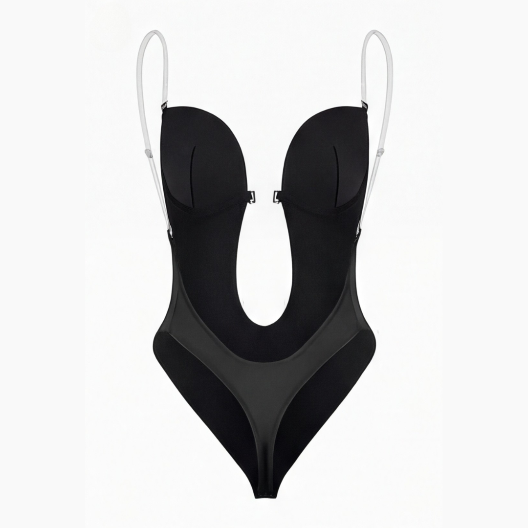 Black plunge backless bodysuit shown flat with clear straps