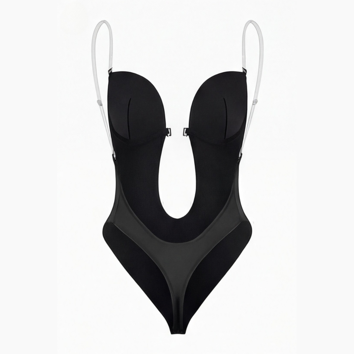 Black plunge backless bodysuit shown flat with clear straps