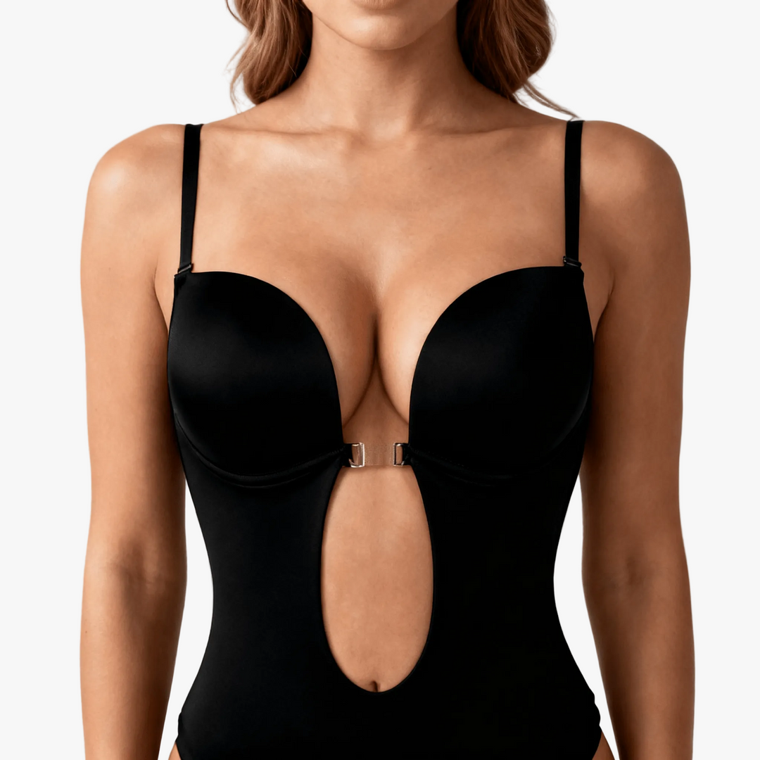 Close-up of the deep plunge front on a black bodysuit