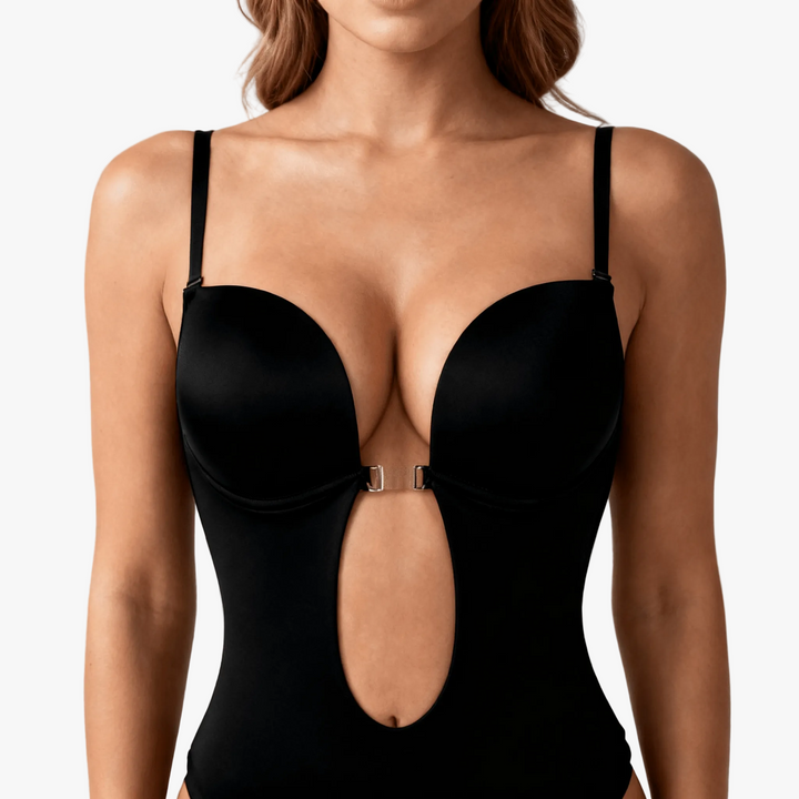 Close-up of the deep plunge front on a black bodysuit