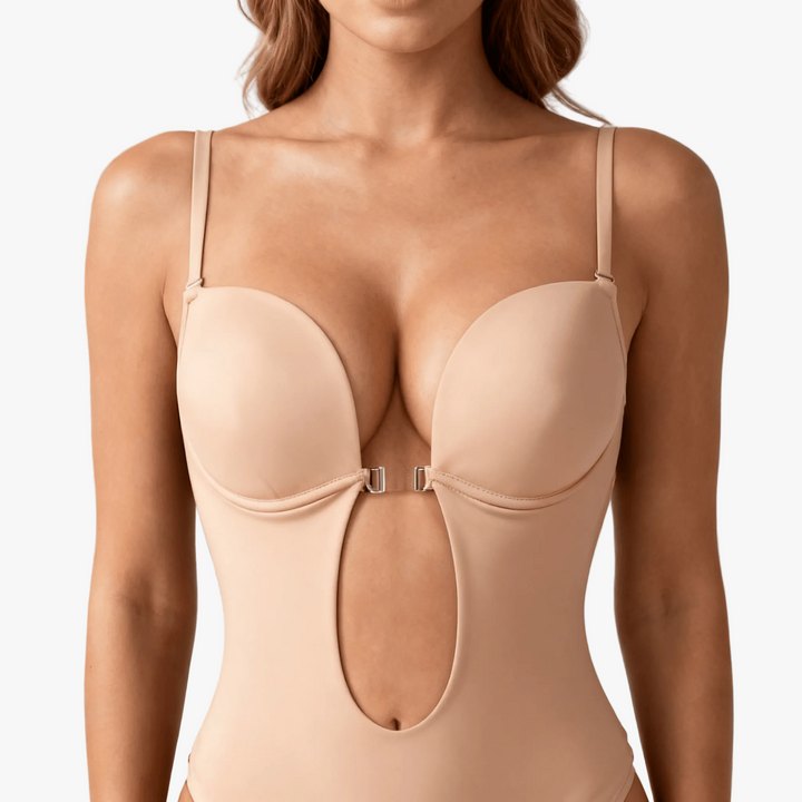 Nude plunge backless bodysuit with clear straps on a body