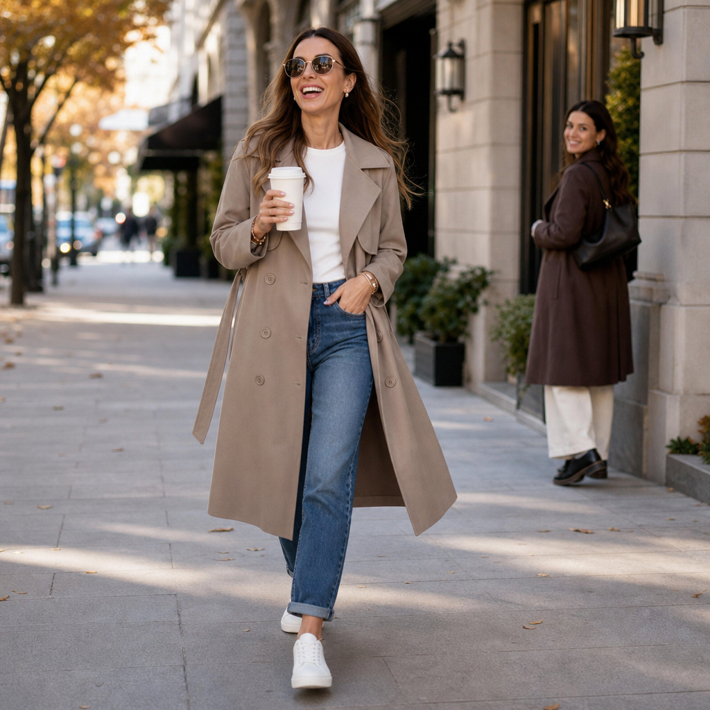 Woman with a coffee on an autumn street in a taupe trench coat
