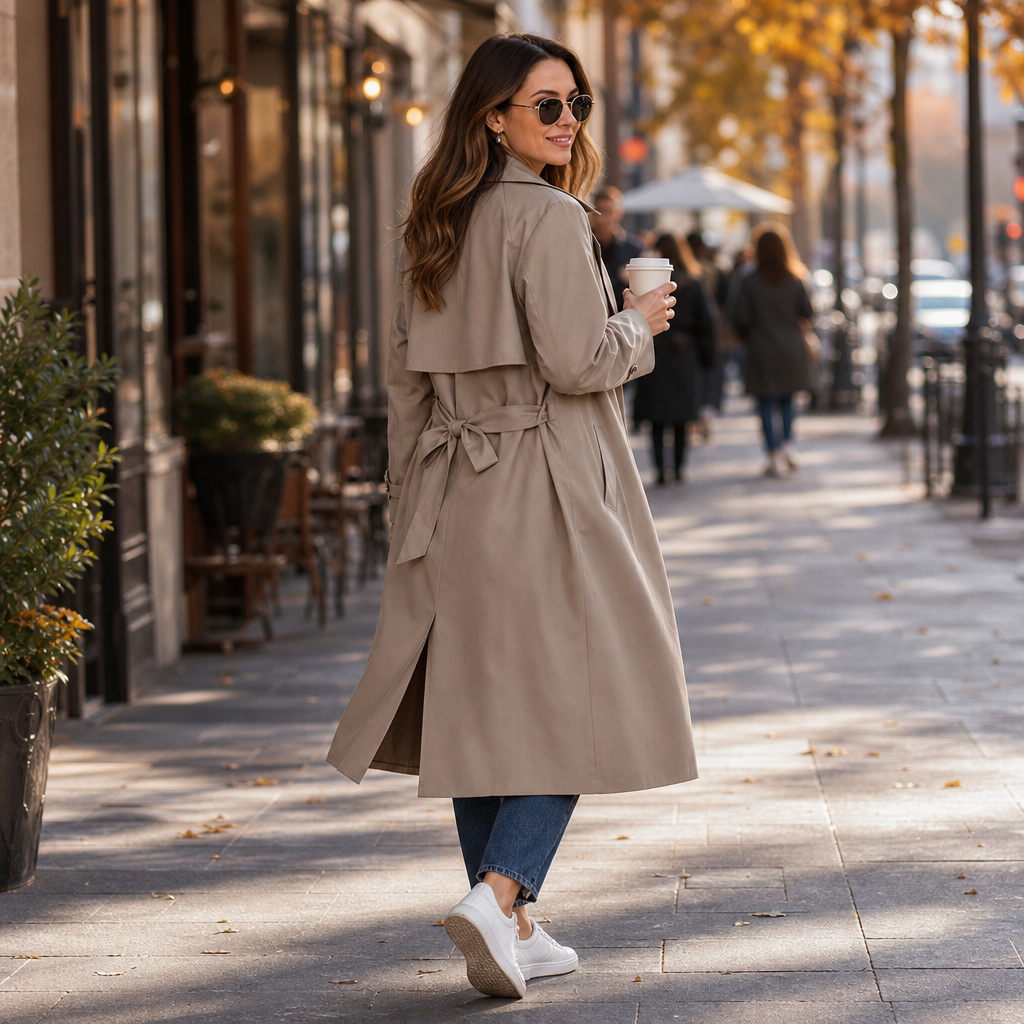 Taupe belted trench coat worn on a tree lined pavement