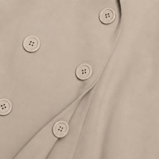 Double breasted button detail on a taupe trench coat