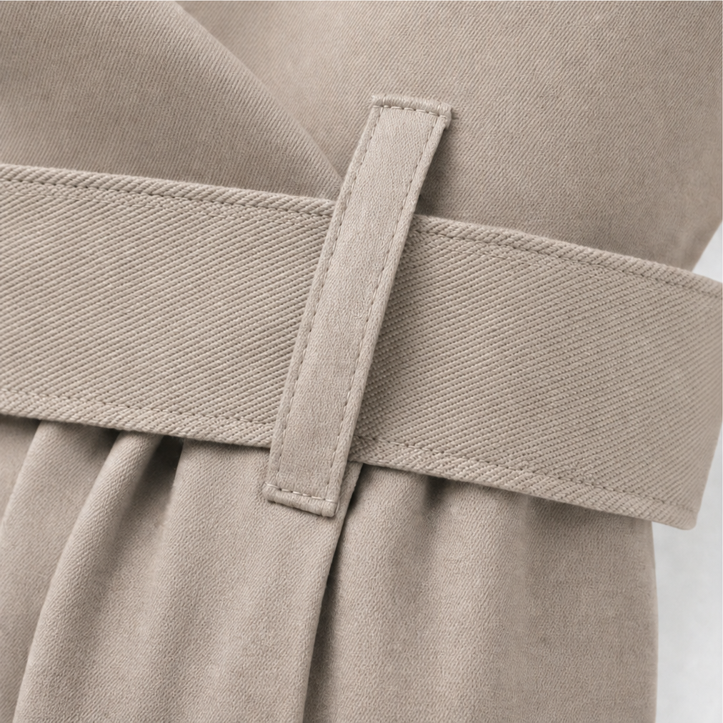Belt and belt loop detail on a taupe trench coat