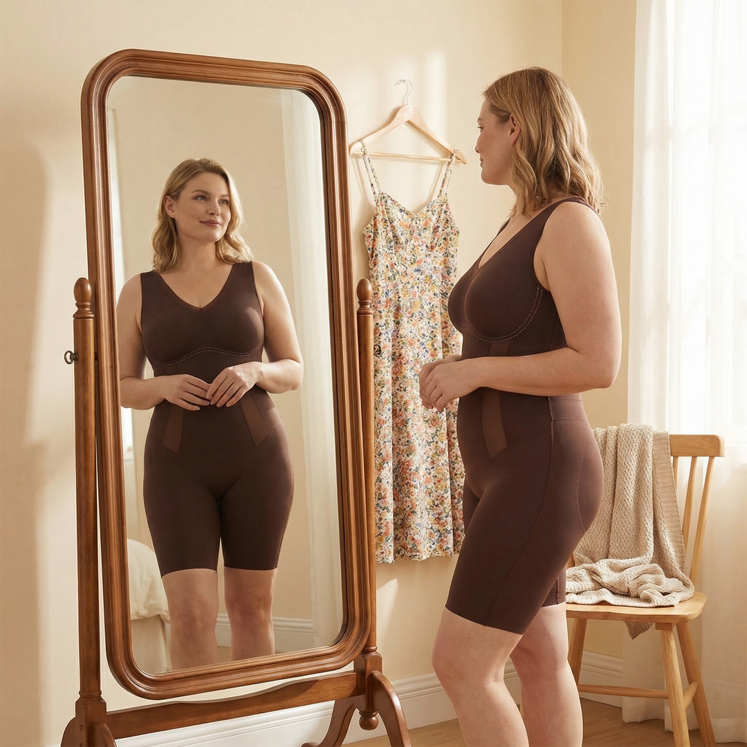 Woman at a mirror wearing the brown shaping bodysuit