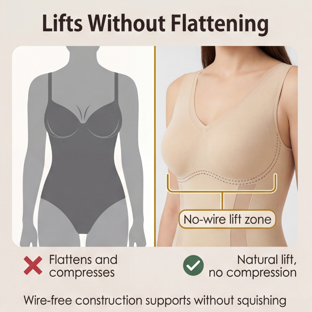 Feature panel comparing a wired bodysuit with the wire-free lift zone