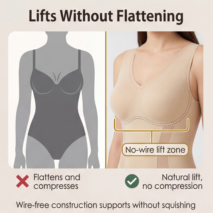 Feature panel comparing a wired bodysuit with the wire-free lift zone