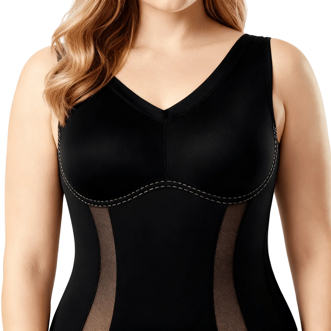 Close-up of the black bodysuit neckline and mesh side panel