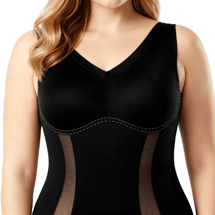 Close-up of the black bodysuit neckline and mesh side panel